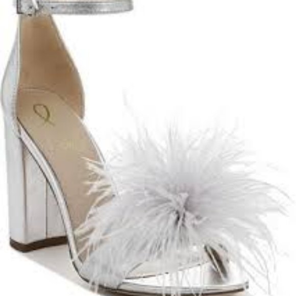 New SAM EDELMAN Yaro Silver Feather & Leather Sandals 4" Block Heel 8.5 - Picture 2 of 9